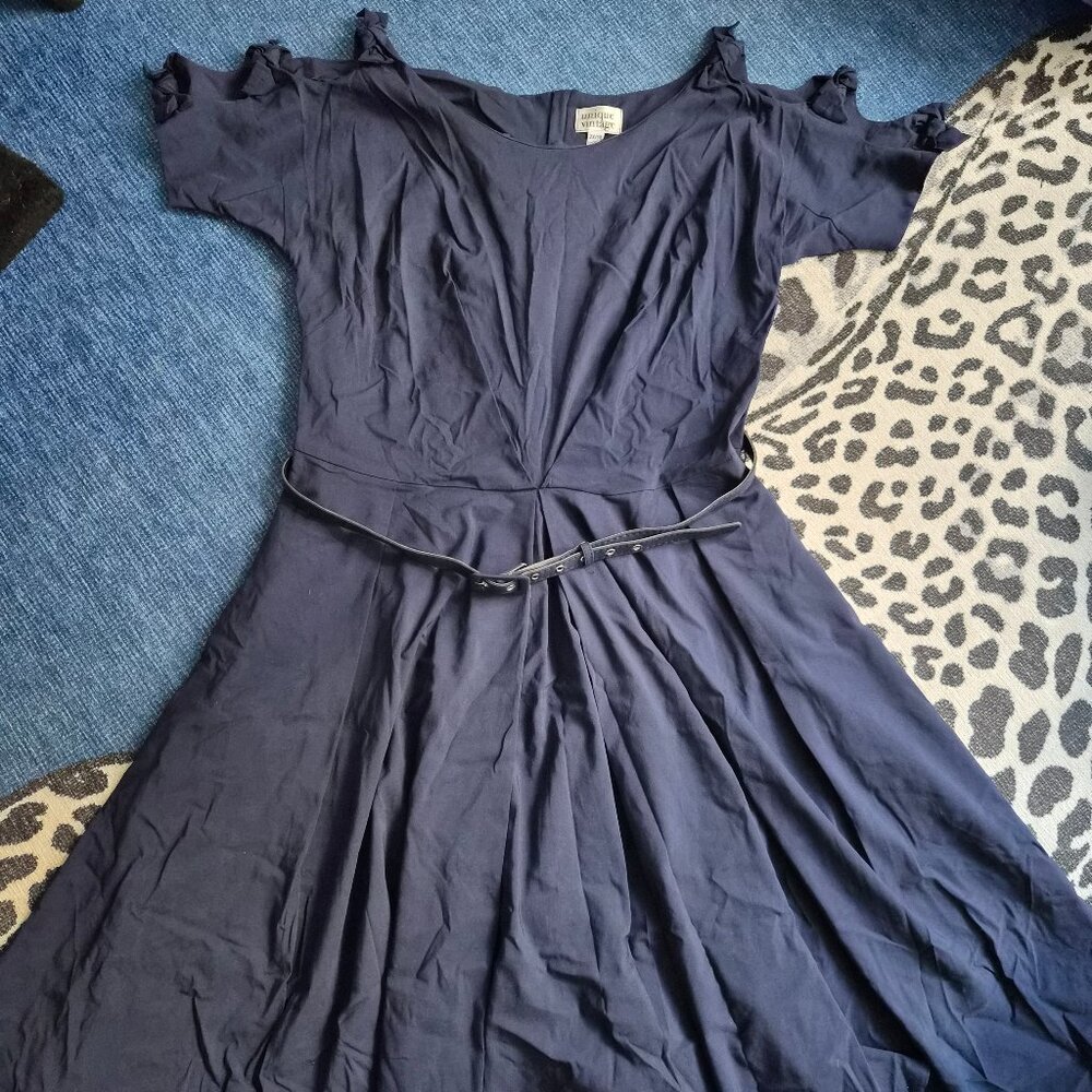 Unique Vintage 1950s Navy Bow Sleeve Selma Swing Dress